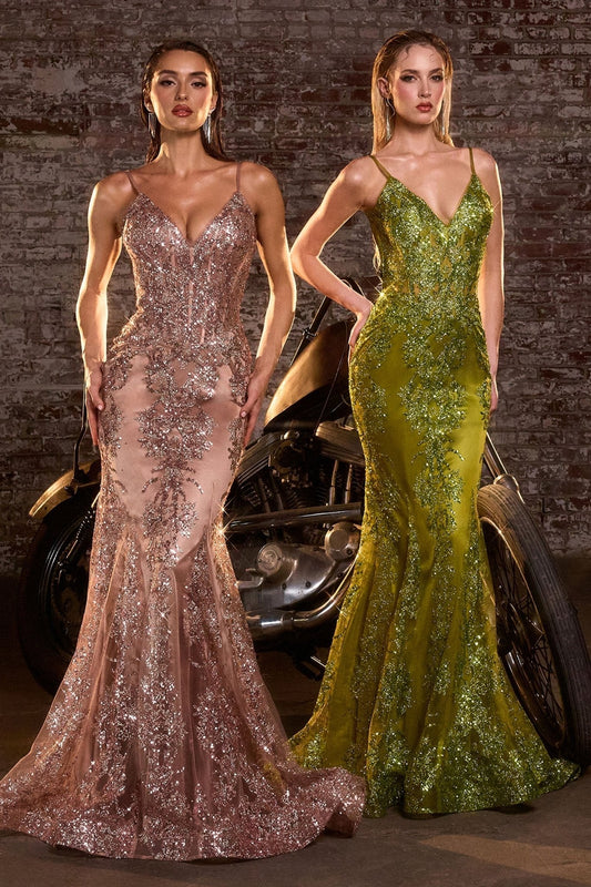 Vestido de noche largo de lentejuelas con cola y aplicaciones J810
