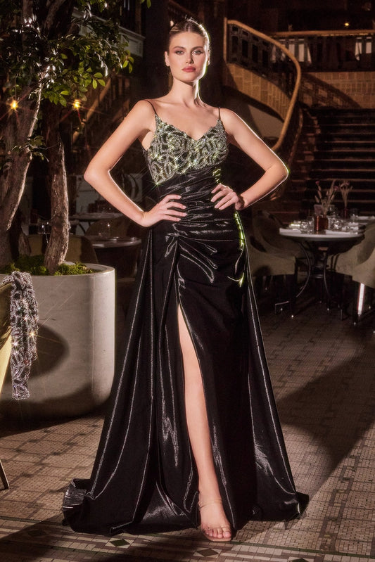 Vestido de fiesta largo negro con brillos, abertura y escote en V J882