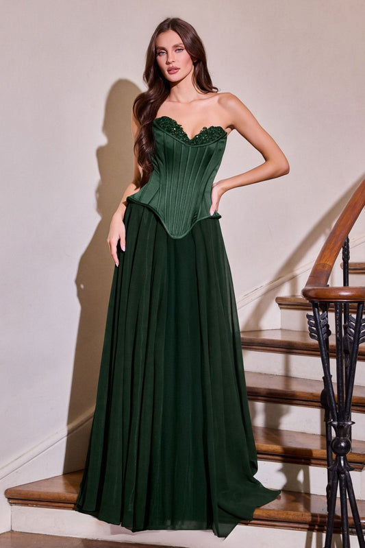 Vestido largo drapeado de gasa con corset y escote corazón J891