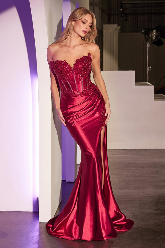 Vestido largo ajustado de satín y encaje con corset y abertura KV1116