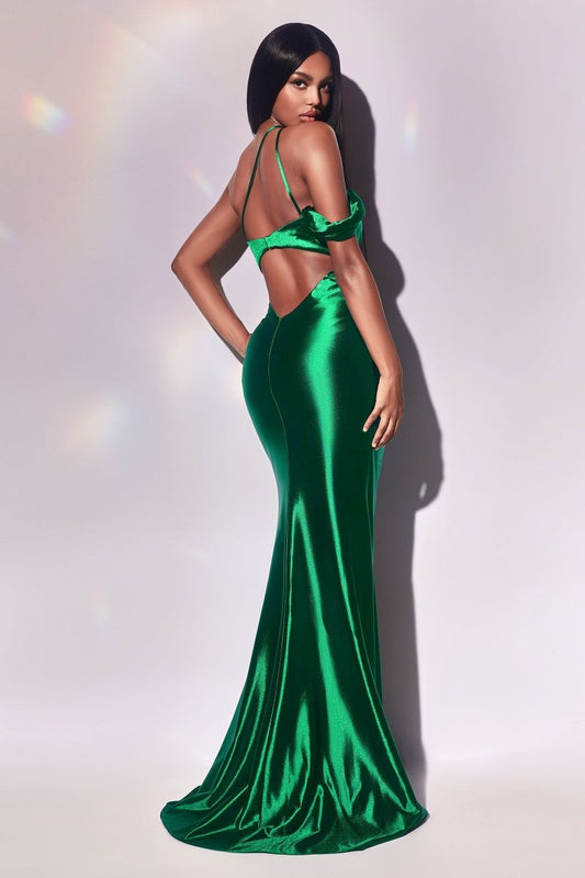 Vestido largo satinado ajustado de un solo hombro con abertura Y025