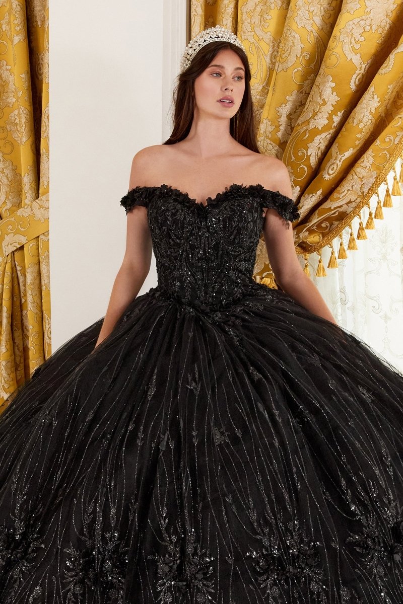 Vestido de XV bordado con brillos, corset y hombros descubiertos 15704