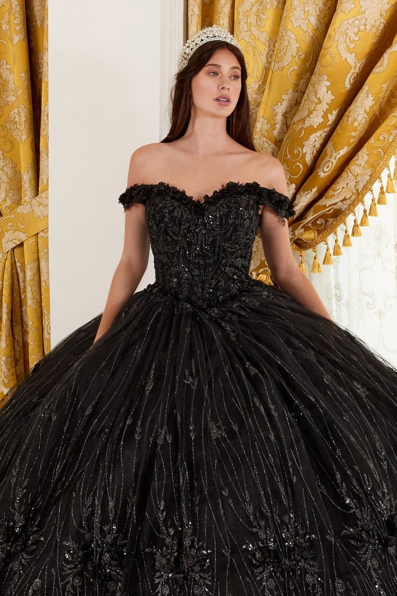 Vestido de XV bordado con brillos, corset y hombros descubiertos 15704