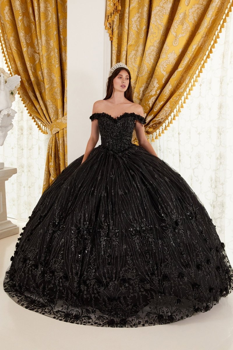 Vestido de XV bordado con brillos, corset y hombros descubiertos 15704