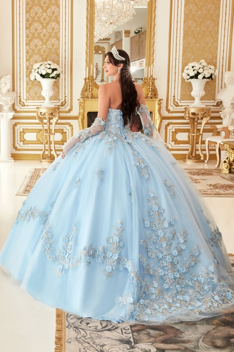 Vestido de XV strapless de tul con mangas desmontables y corset 15714