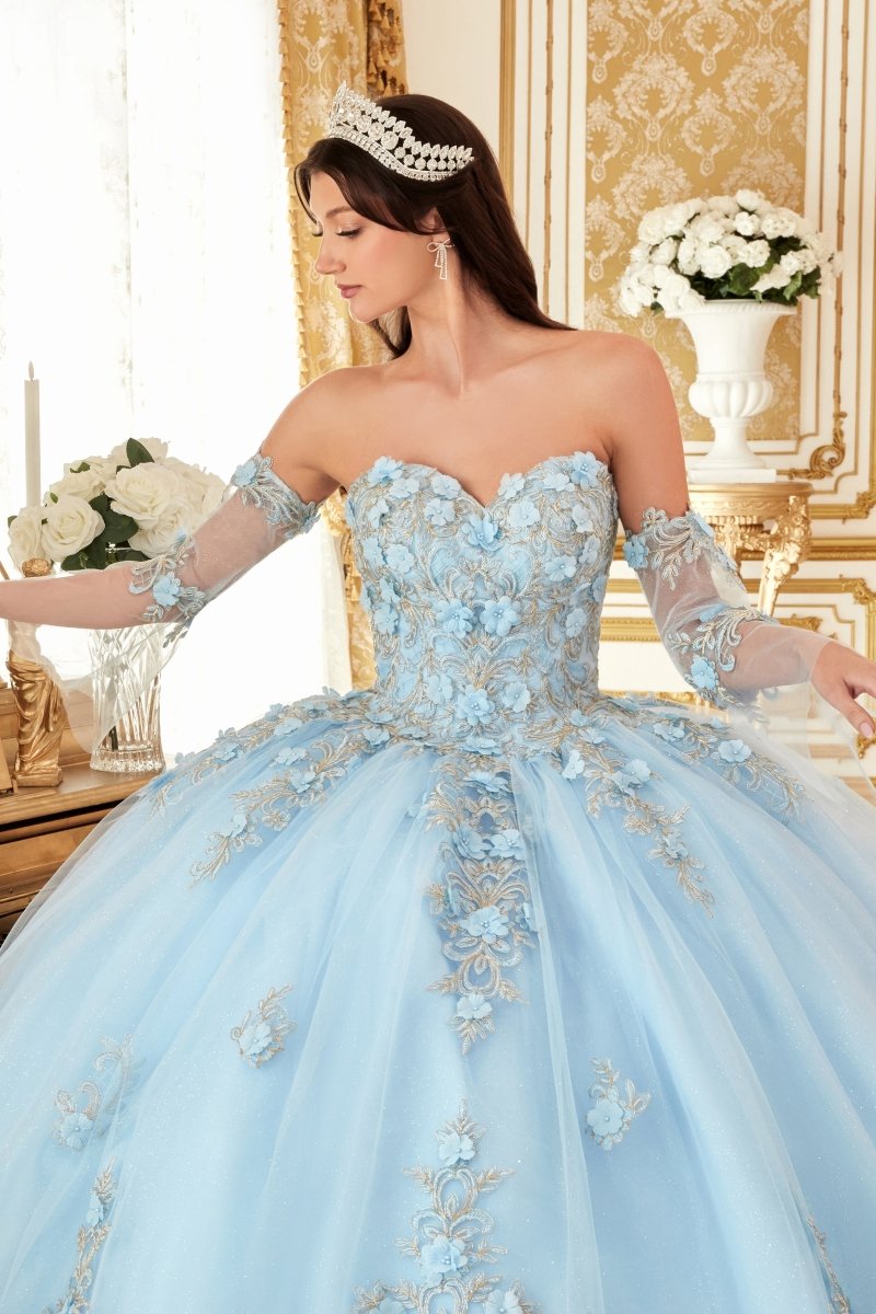 Vestido de XV strapless de tul con mangas desmontables y corset 15714