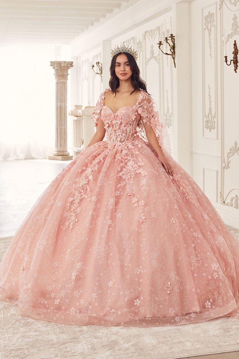Vestido de quinceañera strapless de encaje con flores 3D y capa 15719