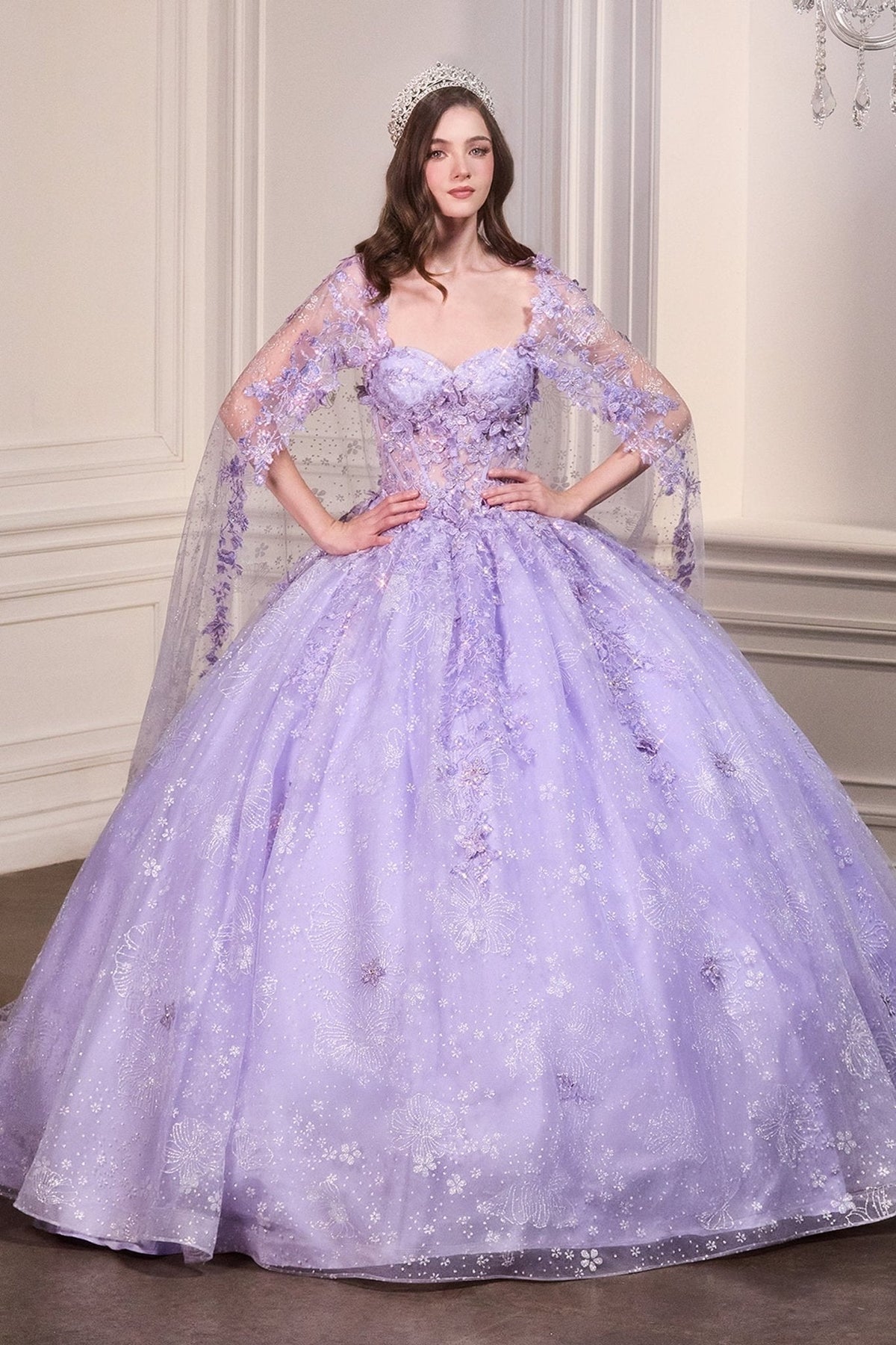 Vestido de quinceañera strapless de encaje con flores 3D y capa 15719