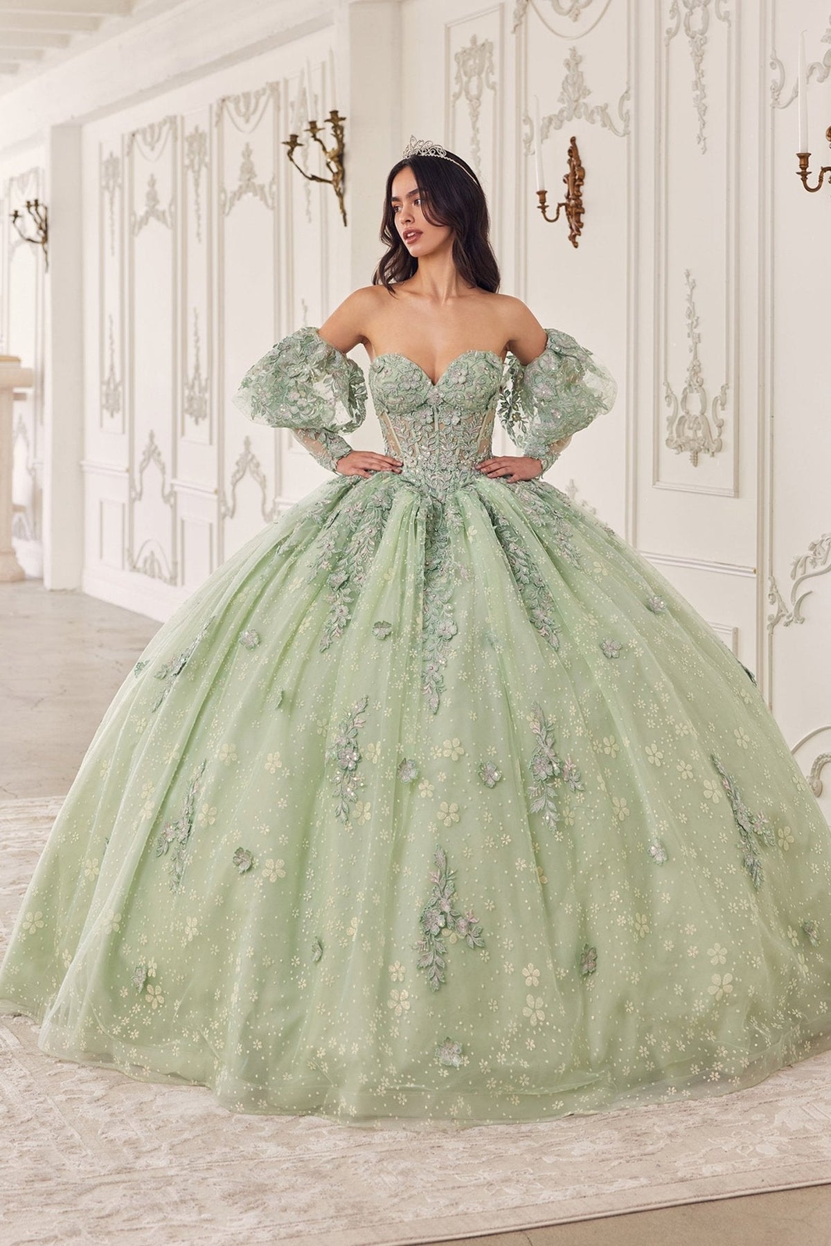 Vestido de quinceañera de encaje bordado con flores 3D y brillos 15722