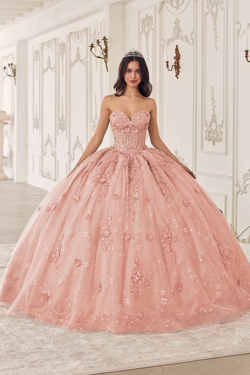 Vestido de quinceañera de encaje bordado con flores 3D y brillos 15722
