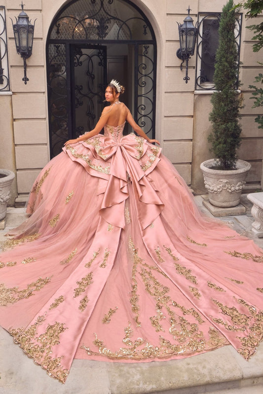 Vestido de XV oro rosa bordado de tul con corset y pedrería 15744