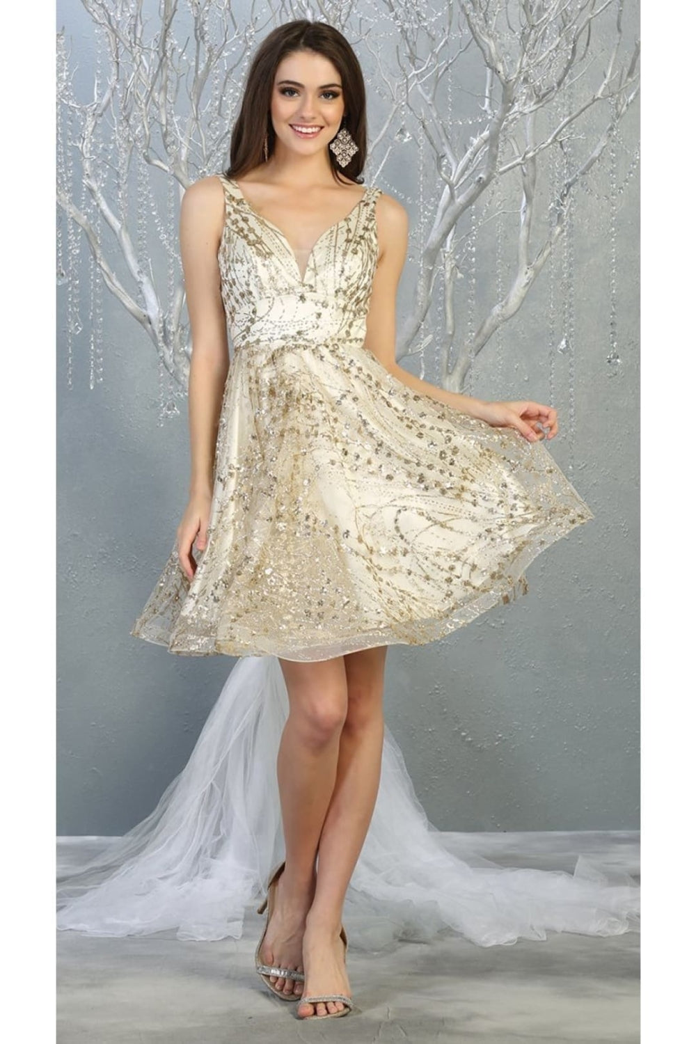 Vestido Corto de Cóctel May Queen MQ1702 - IVORY/GOLD