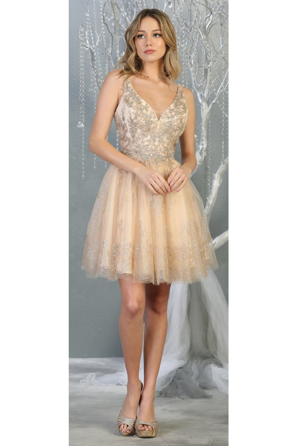 Vestido Corto de Cóctel May Queen MQ1817 - CHAMPAGNE/GOLD