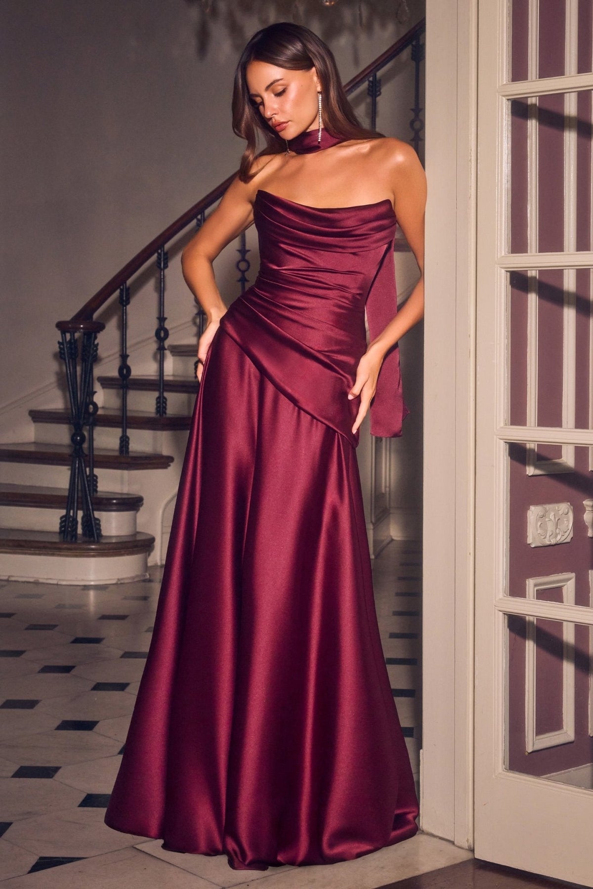 Vestido de noche strapless corte A con corset 7432