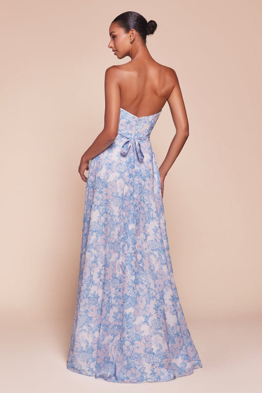 Vestido de fiesta largo azul de satín y gasa con escote corazón 7443