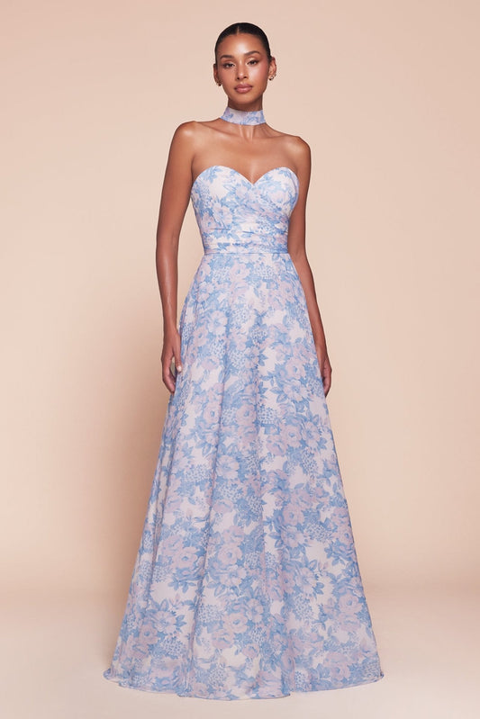 Vestido de fiesta largo azul de satín y gasa con escote corazón 7443