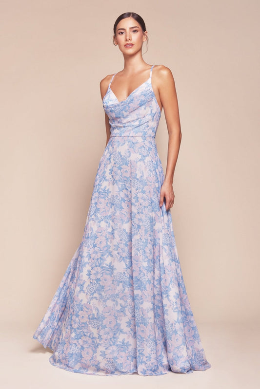 Vestido largo azul corte A de satín y gasa con escote en V 7444