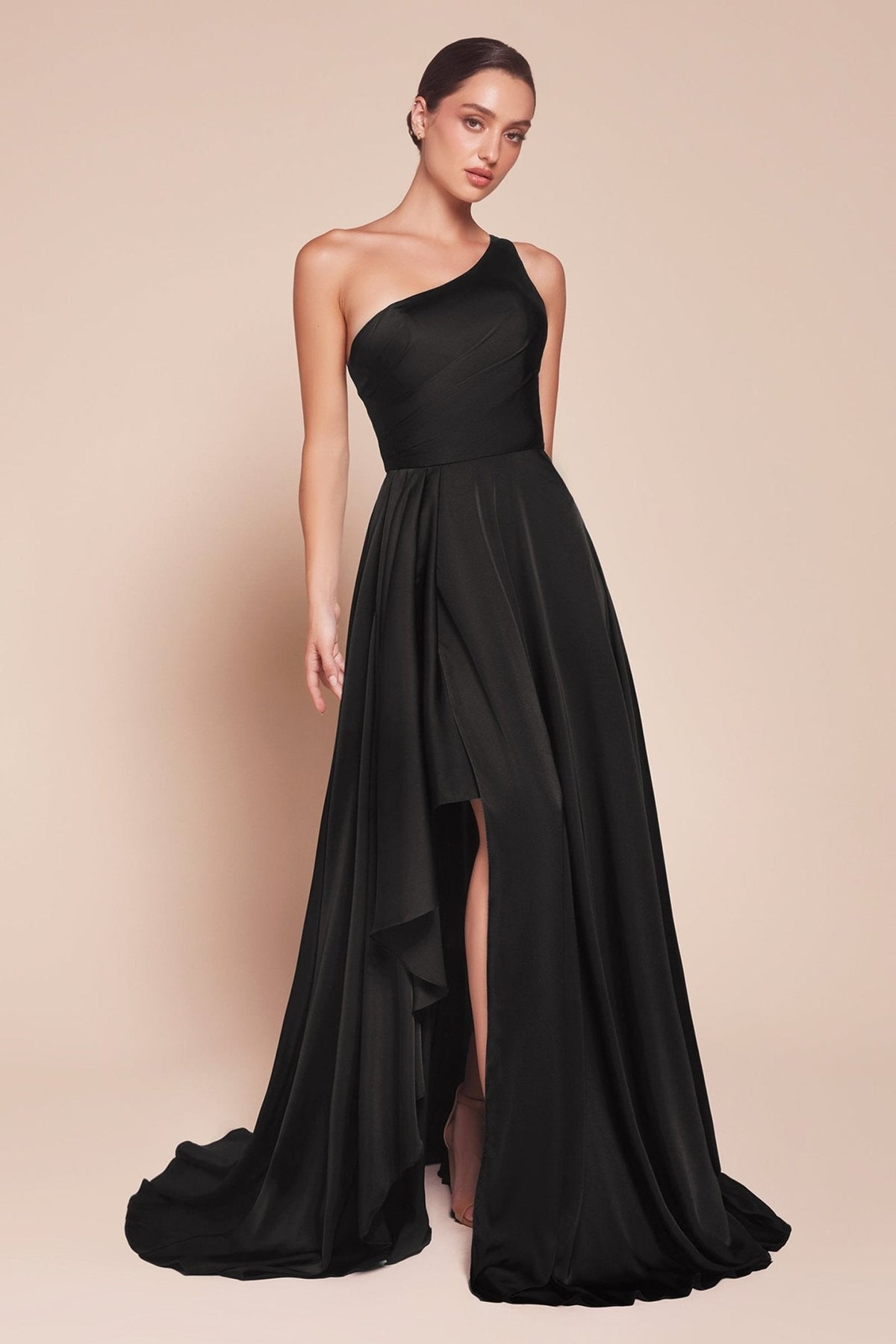 Vestido de fiesta largo satinado corte A de un solo hombro 7450