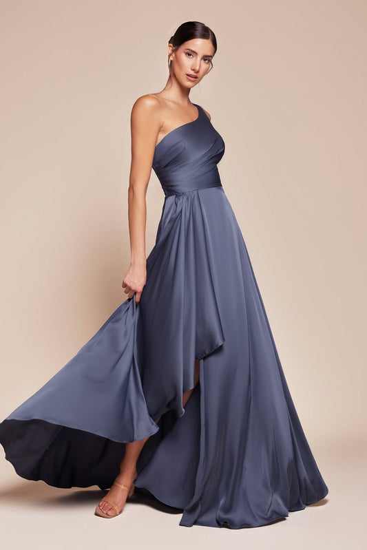 Vestido de fiesta largo satinado corte A de un solo hombro 7450