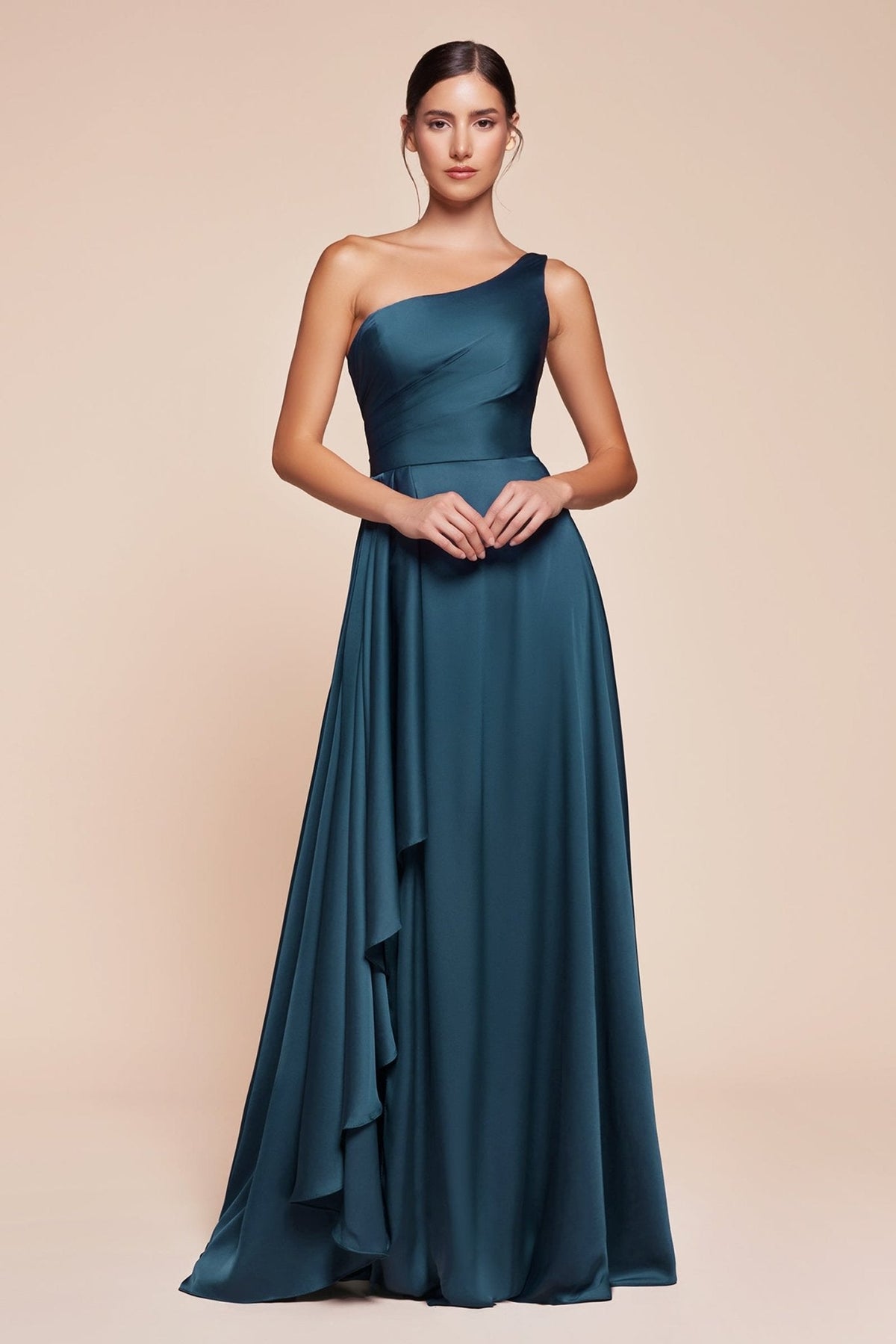 Vestido de fiesta largo satinado corte A de un solo hombro 7450