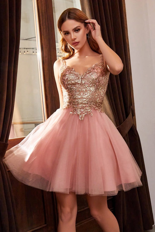 Vestido de cóctel de encaje con brillos, corset y escote en V 9239