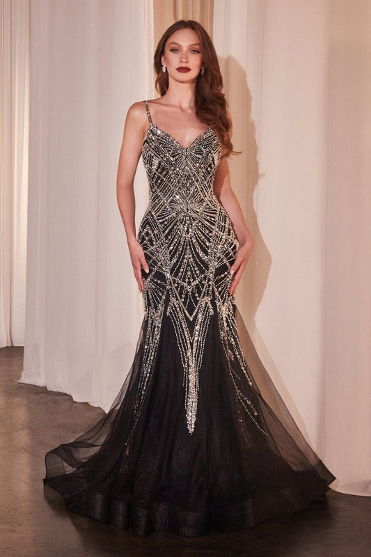 Vestido largo negro de tul con brillos, pedrería y escote en V 9317