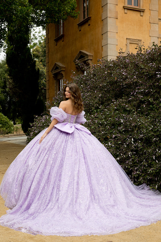 Vestido de XV con pedrería de cristal y moño grande PQ1080