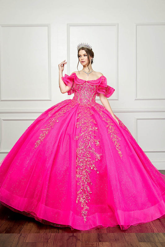 Vestido de XV rosa mexicano de lentejuelas y olanes PQ1042