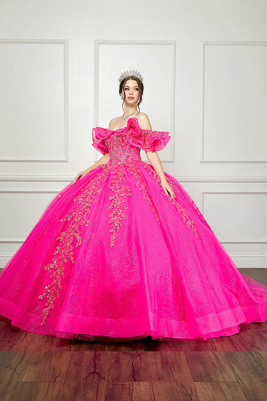 Vestido de XV rosa mexicano de lentejuelas en talla plus PQ1042