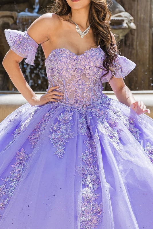 Vestido de XV strapless con flores 3D y brillos en talla plus PQ1026