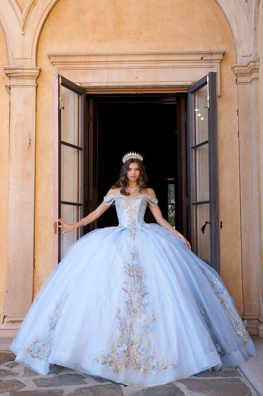 Vestido de XV con pedrería, bordado dorado y cola PQ1068