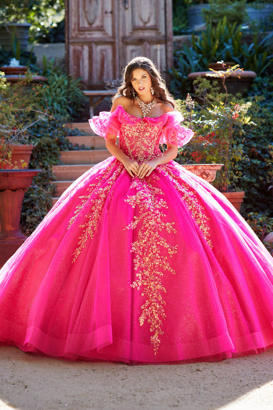 Vestido de XV rosa mexicano de lentejuelas en talla plus PQ1042