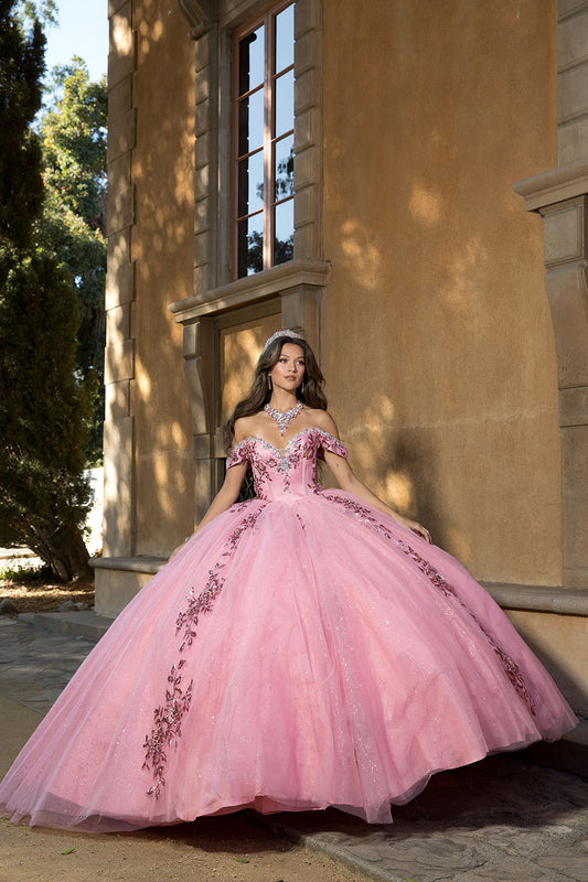 Vestido de XV rosa viejo con flores 3D en talla plus PQ1072