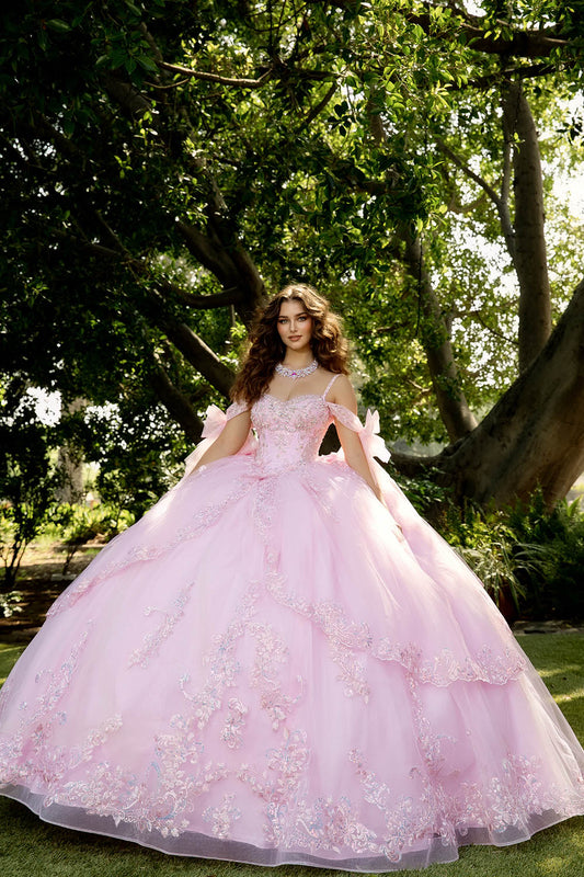 Vestido de XV con moño y mangas desmontables en talla plus PQ1085