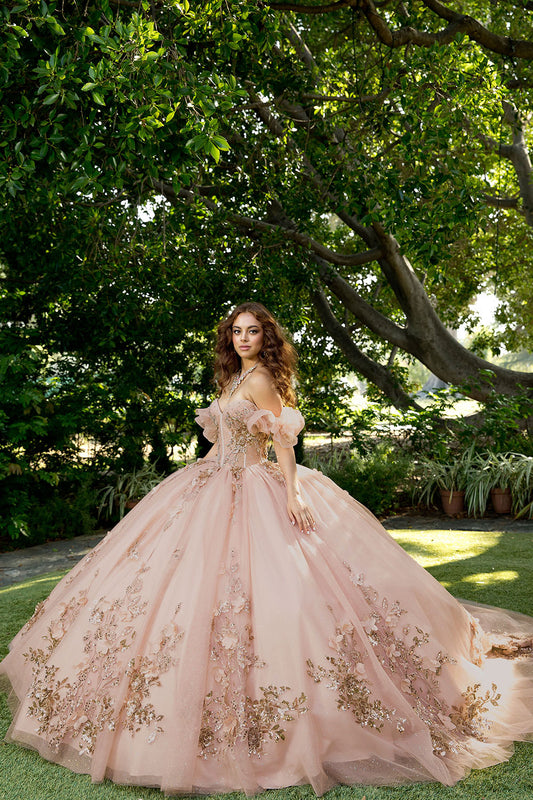 Vestido de XV oro rosa con flores 3D en talla plus PQ1089