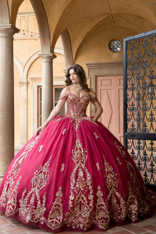 Vestido de XV rojo y dorado con moño largo en talla plus PQ1090