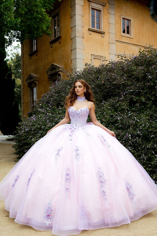 Vestido de XV strapless con gargantilla y flores 3D PQ1091