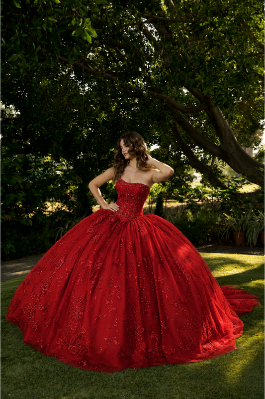 Vestido de XV strapless con bolero a juego PQ1097