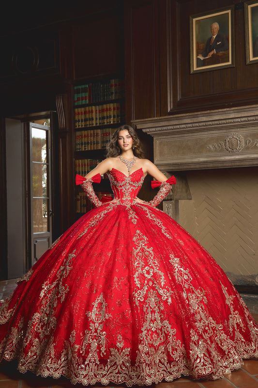 Vestido de XV strapless con guantes y cola desmontable PQ1099