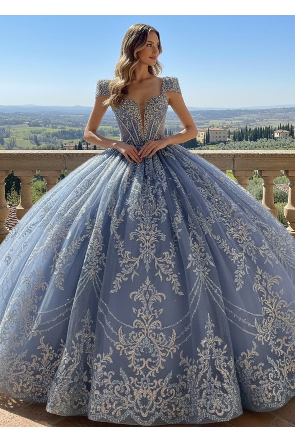 Vestido de XV azul con flecos de pedrería en talla plus PQ1110