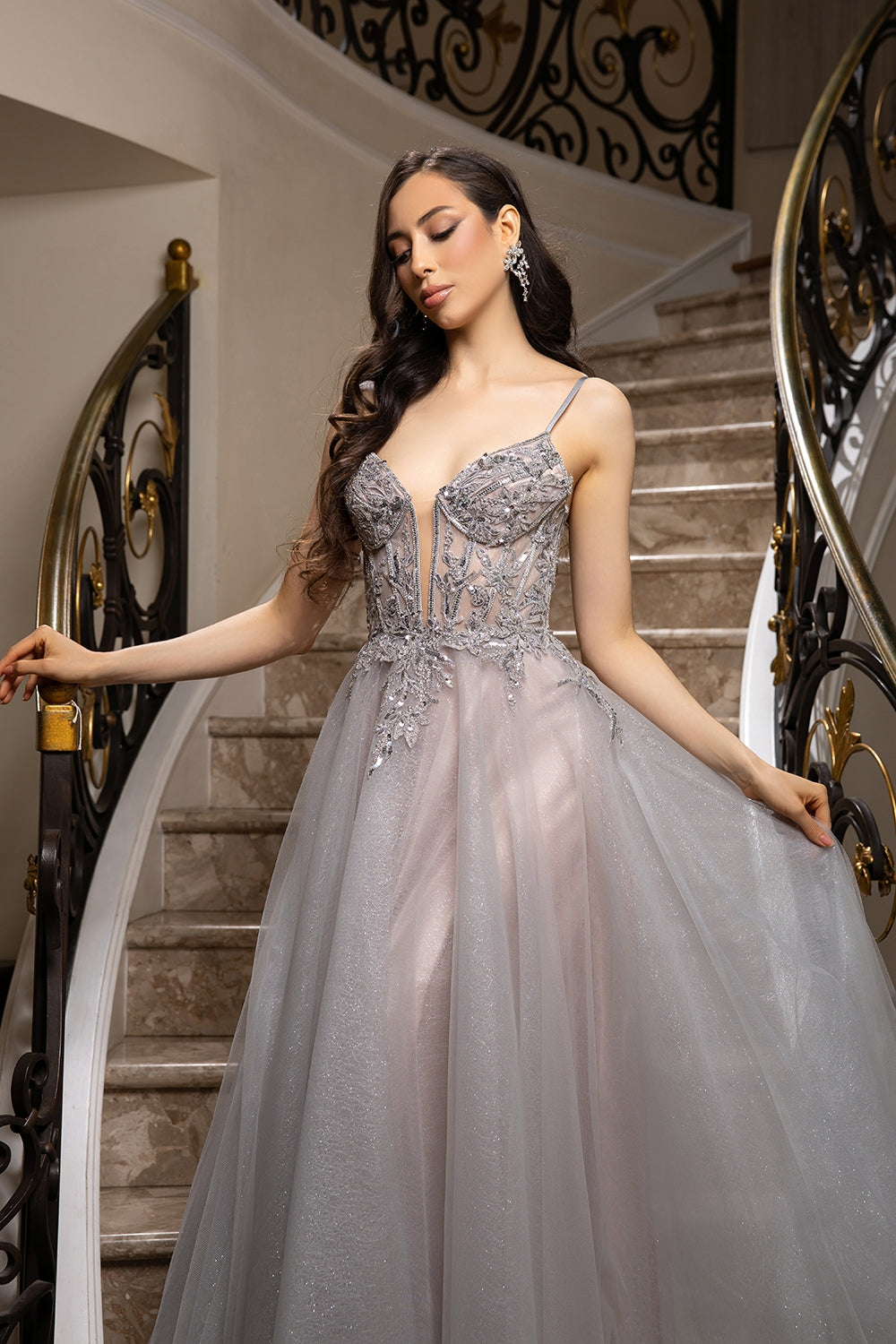 Vestido de Noche May Queen MQ2178 - SILVER/NUDE