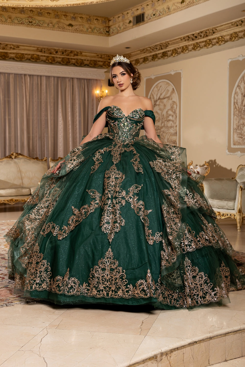 Vestido de XV Años Layla K LK302 - HUNTER/GOLD