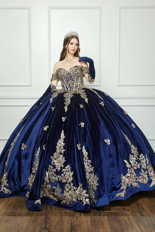 Vestido de XV de terciopelo con mariposas en talla plus PQ1038