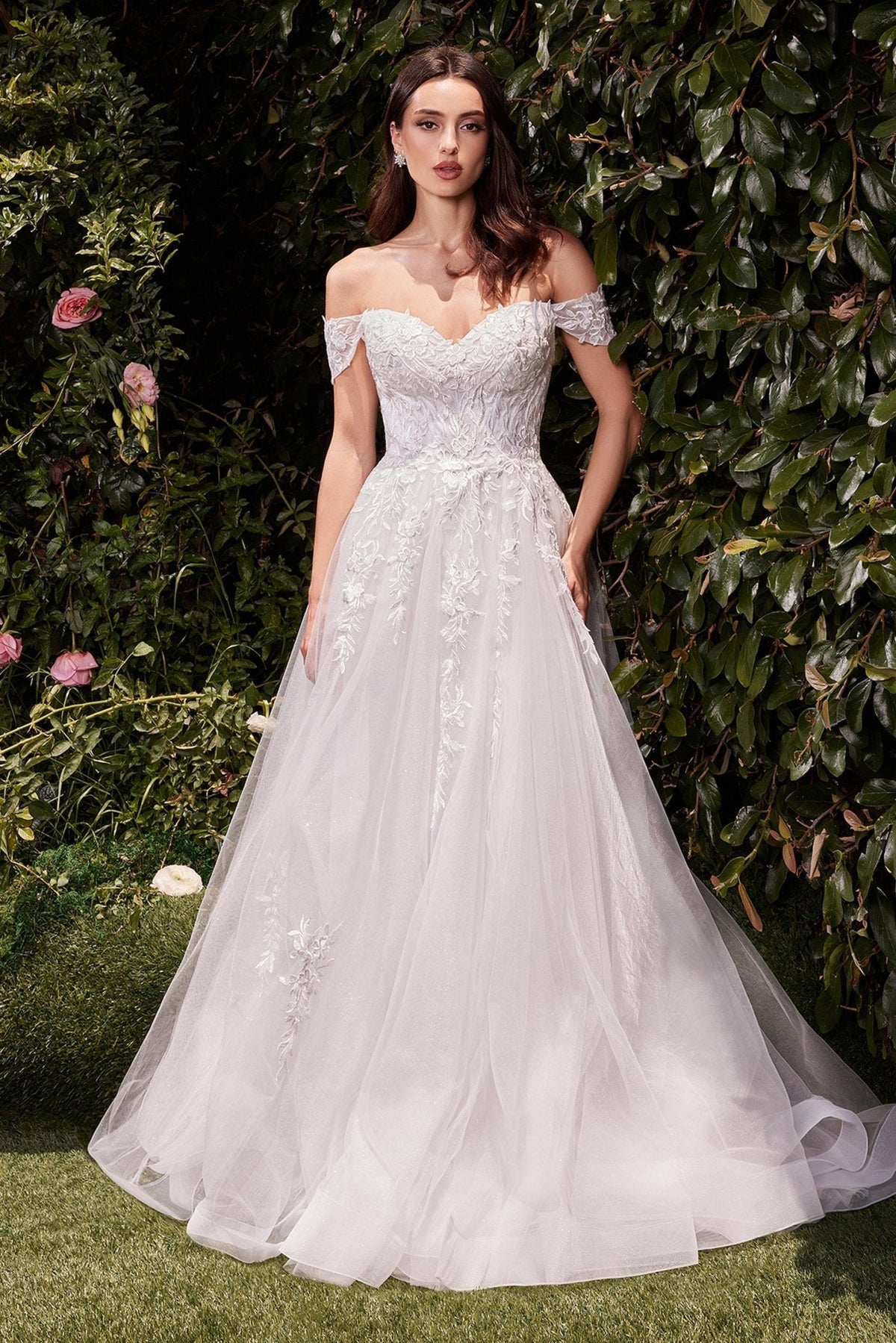 Vestido de novia corte A de encaje con hombros descubiertos C159W