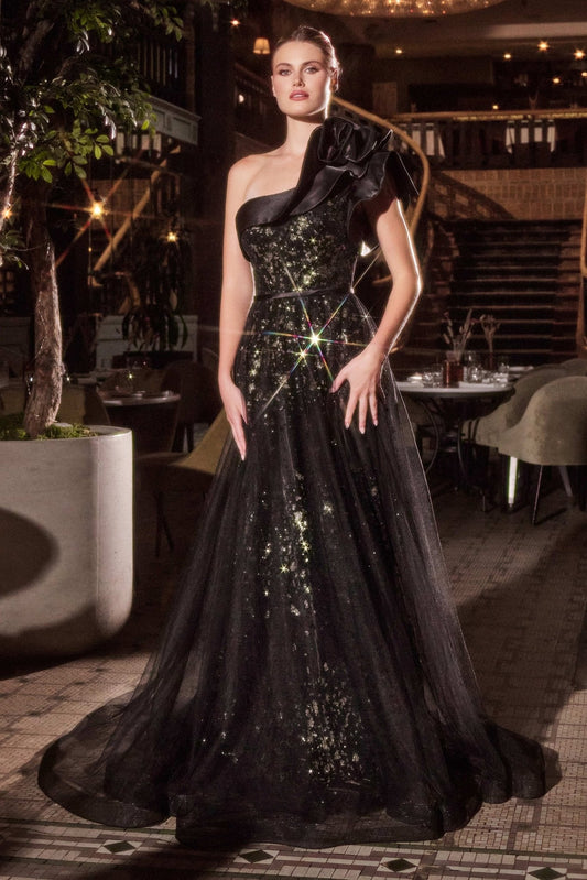 Vestido de gala de un solo hombro de satín y tul con brillos CB157