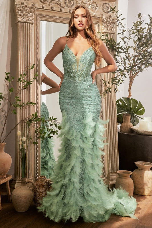 Vestido de fiesta largo con plumas, brillos y corset CC1608