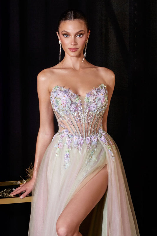 Vestido de noche bordado de lentejuelas con pedrería y abertura CD2418