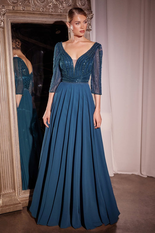 Vestido de noche de gasa con manga larga, brillos y pedrería CC446