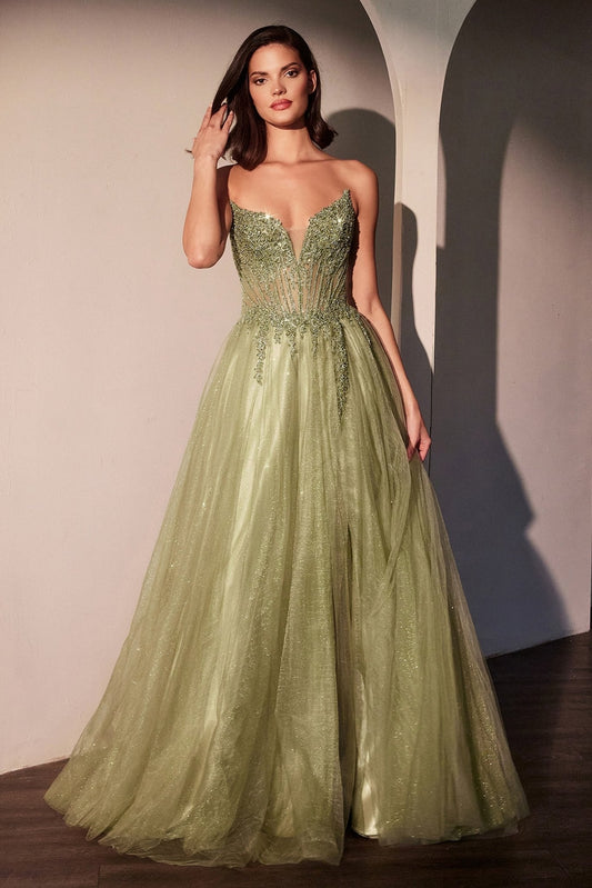 Vestido de noche strapless de encaje con corset y escote corazón CC487