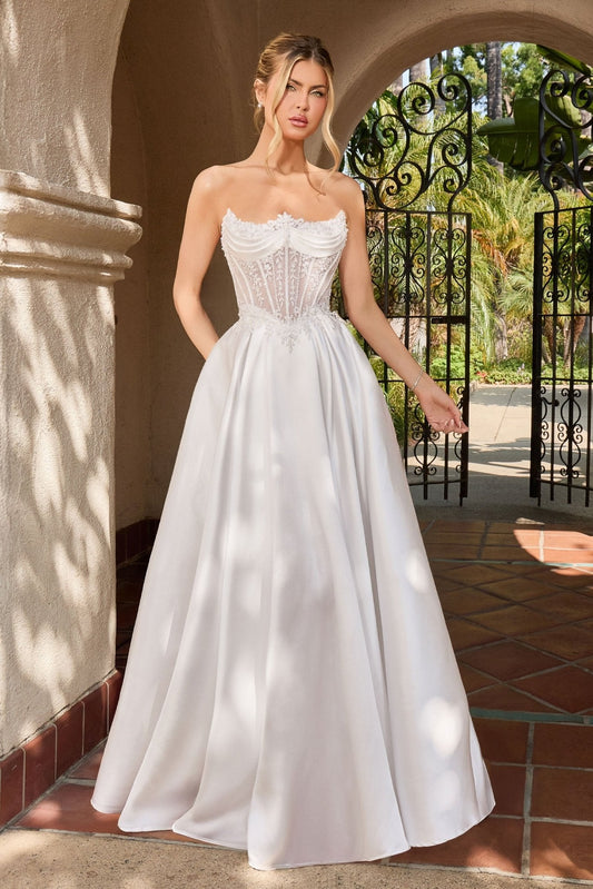 Vestido de novia de satín y encaje con corset transparente CC511W